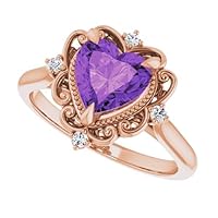 Vintage 2 CT Heart Amethyst Ring 18k Rose Gold Ring, Halo Filigree Natural Amethyst Diamond Ring, Victorian Purple Amethyst Ring, Sculptural Ring Annivarsary