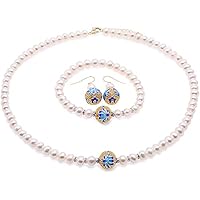 Jewelry Set Pretty 6.5-8mm White Pearl Necklace Bracelet & Earrings With Cloisonne