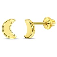 14k Yellow Gold Crescent Moon Screw Back Earrings For Toddlers, Young Girls & Preteens - Half Moon Celestial Earrings For Girls Who Love The Night Sky - Celestial 14k Yellow Gold Earrings
