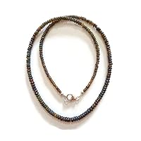 Natural Black Fire Ethiopian Opal Beads Necklace with Sterling Silver -18 Inch, Smooth Rondelles Black Ethiopian Opal, Black Color, Silver Jewelry Gift for Girls, Women