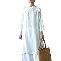 Women Loose Cotton Linen Dress Embroidery Maxi Chinese Cheongsam Dress White