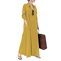Women Pockets Single-Breasted Shirt Sundress Solid Color Long Sleeve Lapel Large Hem Maxi Party Dresses
