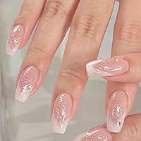 Coffin Press on Nails Medium, Clear Fake Nails Acrylic False Nails French,Rhinestone Artificial Nails for Women and Girls, 24 pcs