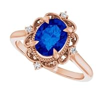 Vintage Oval Blue Sapphire Ring, 1 CT 14k Rose Gold, September Birthstones