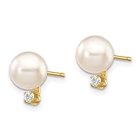 14K Yellow Gold 5 6mm White Round Saltwater Akoya Cultured Pearl Diamond Stud Earrings