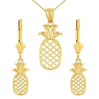 14K SOLID YELLOW GOLD PINEAPPLE PENDANT EARRING SET - Pendant/Necklace Option: Pendant With 16