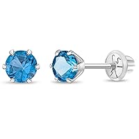 14k White Gold 4mm Baby Girl's Round Simulated Birthstone Prong Setting Screw Backs for Infants & Toddlers - Elegant Round Stud Cubic Zirconia Earrings For a Girls Birthday