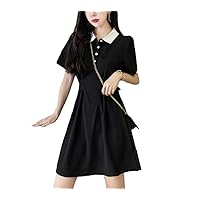 Korean Women's Sweet Contrast Color Lapel Slim Black Skirt Small Skirt Dress Maxi Dresses