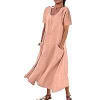 Womens Cotton Linen Dress Summer Short Sleeve Sundress Tunic Tank Summer Beach Dress Flowy Maxi Dresses Pockets
