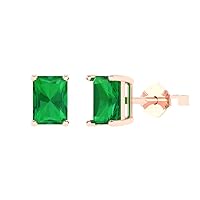 2.1 ct Emerald Cut Solitaire VVS1 Simulated Emerald Pair of Stud Earrings Solid 18K Pink Rose Gold Butterfly Push Back