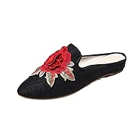 Ethnic Flower Women Summer Slippers Embroidery Cotton Fabric Mules For Ladies Pointed Toe Loafers Flat Slides