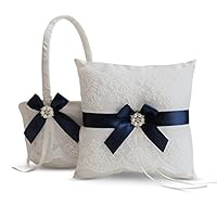 Ivory Ring Bearer Pillow and Basket Set | Lace Collection | Flower Girl & Welcome Basket for Guest | Handmade Wedding Baskets & Pillows (Navy Blue)