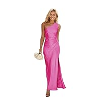 One Shoulder Bridesmaids Dresses for Wedding Satin Mermaid Prom Dress Pleated Formal Party Dress with Slit UU71