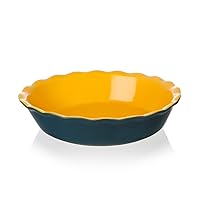 Sweejar Ceramic Pie Pan for Baking, 10 Inches Round Baking Dish for Dinner, Non-Stick Pie Plate with Soft Wave Edge for Apple Pie, Pumpkin Pie, Pot Pies (Blue&Yellow)