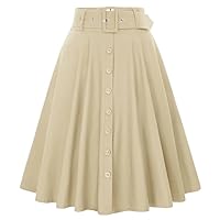 Women' Stretch High Waist A-Line Flared Skirts with Pockets Belts Solid Buttons Decorated Knee Length
