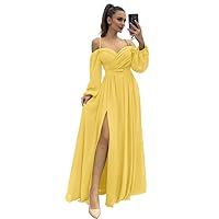 Women's Off The Shoulder Long Sleeve Bridesmaid Dresses Spaghetti Strap Empire Waist Wedding Guest Gown with Slit