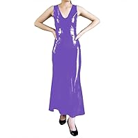 Summer Sexy V-Neck Slim Fit PVC Shiny Dress Women Sleeveless Tight Long Flared Dress