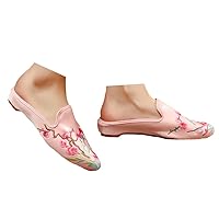 Chinese Embroidered Women Silk Cotton Close Pointed Toe Mules Slippers Summer Vintage Ladies Slip On Flat Shoes