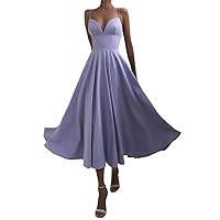 Women's Satin V Neck Evening Party Dresses Spaghetti Straps Prom Gowns