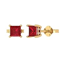 2.0 ct Princess Cut Solitaire Simulated Ruby Pair of Stud Everyday Earrings Solid 18K Yellow Gold Butterfly Push Back