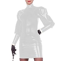 Erotic Puff Long Sleeve Mini Short Ladies Dress High Neck Solid Basic Clubwear Bodycon Leather PVC Dress