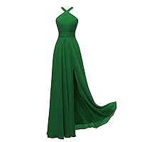 Women's Halter Bridesmaid Dresses with Slit Simple A-line Chiffon Long Formal Dress with Pockets