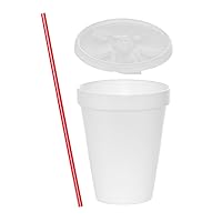 Tezzorio (100 Sets) 10 oz White Foam Cups with Lift'n'Lock Lids and Stirrers, Disposable Foam Drink Cups, To Go Coffee Cups, Insulated Foam Cups for Hot / Cold Drinks