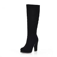 Women's High Boots Fashion Flock Knee High Boots Women Knight Boots Black Thick High Heels Zipper Round Toe Ladies Shoes Black 3