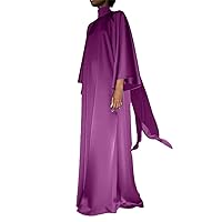 Women Elegant Long Sleeve Urtleneck Party Evening Dress Spring Satin Solid Color Loose Dress Purple M