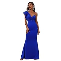 Dresses for Women - One Shoulder Twist Front Ruffle Trim Prom Dress (Color : Royal Blue, Size : Large)