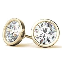 FACTES JEWELS Full White Round Cut Moissanite Diamond Stud Push Back bezel Setting Earrings For Women in Solid Gold