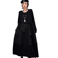 Women Round Neck Pullover Dress Loose Mid-Length Lace Splicing Irregular Leisure Dress Black Spring Autumn