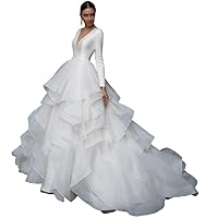 Women's Long Sleeve Beach Wedding Dress Ruffles Organza Princess Bride Gown