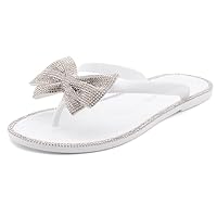 Shoe Land Womens Summer Flat Sandals Jelly Flip Flops Rhinestone Bowtie Thong Sandal Strappy Slides for Daily Beach Pool