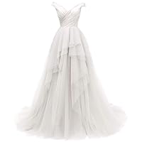 Ruffle Off Shoulder Tulle Prom Dresses Long Ball Gown Princess Wedding Evening Dress