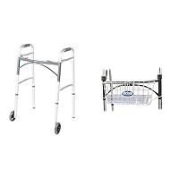Drive Medical 10210-1 2-Button 350lb Capacity Folding Walker Bundle with Basket and Cup Holder