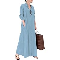 Cotton Linen Summer Dress for Women Long Sleeve Button Down Trendy Dresses Casual Maxi Beach Dress with Pocket