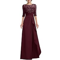 Long Mother of The Bride Dresses with Sleeves Lace Chiffon Pleated Formal Evening Party Prom Gowns for Women