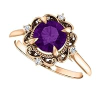 Vintage 1 CT Amethyst Ring 10k Rose Gold Ring, Halo Filigree Natural Amethyst Diamond Ring, Victorian Purple Amethyst Ring, Sculptural Ring, Perfact for Gift