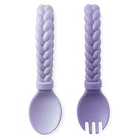 Itzy Ritzy Silicone Spoon & Fork Set; Baby Utensil Set Features A Fork and Spoon with Looped, Braided Handles; Made of 100% Food Grade Silicone & BPA-Free; Ages 6 Months and Up, Amethyst/Purple