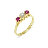 14k Yellow Gold Cultured Pearl Ruby Womens Trilogy Ring - Sizes 4 to 12 Available