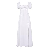 Womens Casual Summer Dress French Dresses Women's Bubble Sleeve Solid Color Open Long Dress