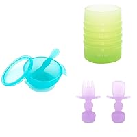 Bumkins Baby Bowl, Silicone Feeding Set with Suction for Baby and Toddler, Includes Double-Ended Spoon and Lid, Set of Chewtensils Training Utensils and Starter Cup, for Baby Led Weaning 4 Mos Up