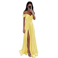 Women's Off Shoulder Satin Bridesmaid Dresses Spaghetti Strap Long Ruched A Line Formal Prom Dress with Slit