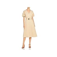 Womens Belted Darted Side Pockets Button Front Closur Short Sleeve V Neck Knee Length Party Faux Wrap Dress