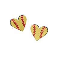 Baseball Heart Wooden Stud Earrings for Women Girls Wood Football Basketball Softball Athlete Game Day Love Hearts Studs Earring Fashion Valentine's Day Jewelry for Sport Players Fans