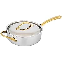 NutriChef 3.4-quart Saute Pan with Lid - PFOA/PFOS Free Saucepan Kitchen Cookware w/Interior Coated Prestige Ceramic Non-Stick Coating, Golden PVD Handles, Stylish Kitchenware Works w/Model NCSTS16