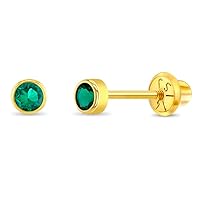 14k Yellow Gold Tiny 3mm Bezel Set Cubic Zirconia Simulated Birthstone Screw Back Earrings for Babies & Toddlers - Cute Birth Month Stud Baby Earrings with Safety Screw Backs
