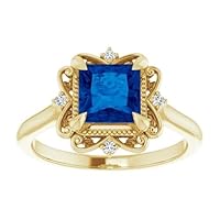 2.5 CT Vintage Square Blue Sapphire Engagement Ring 10k Yellow Gold, Victorian Halo Princess Cut Natural Blue Sapphire Diamond Ring, Antique Ring