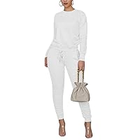 women solid color 2 piece outfits fall crew neck pullover top long pants set Tracksuit